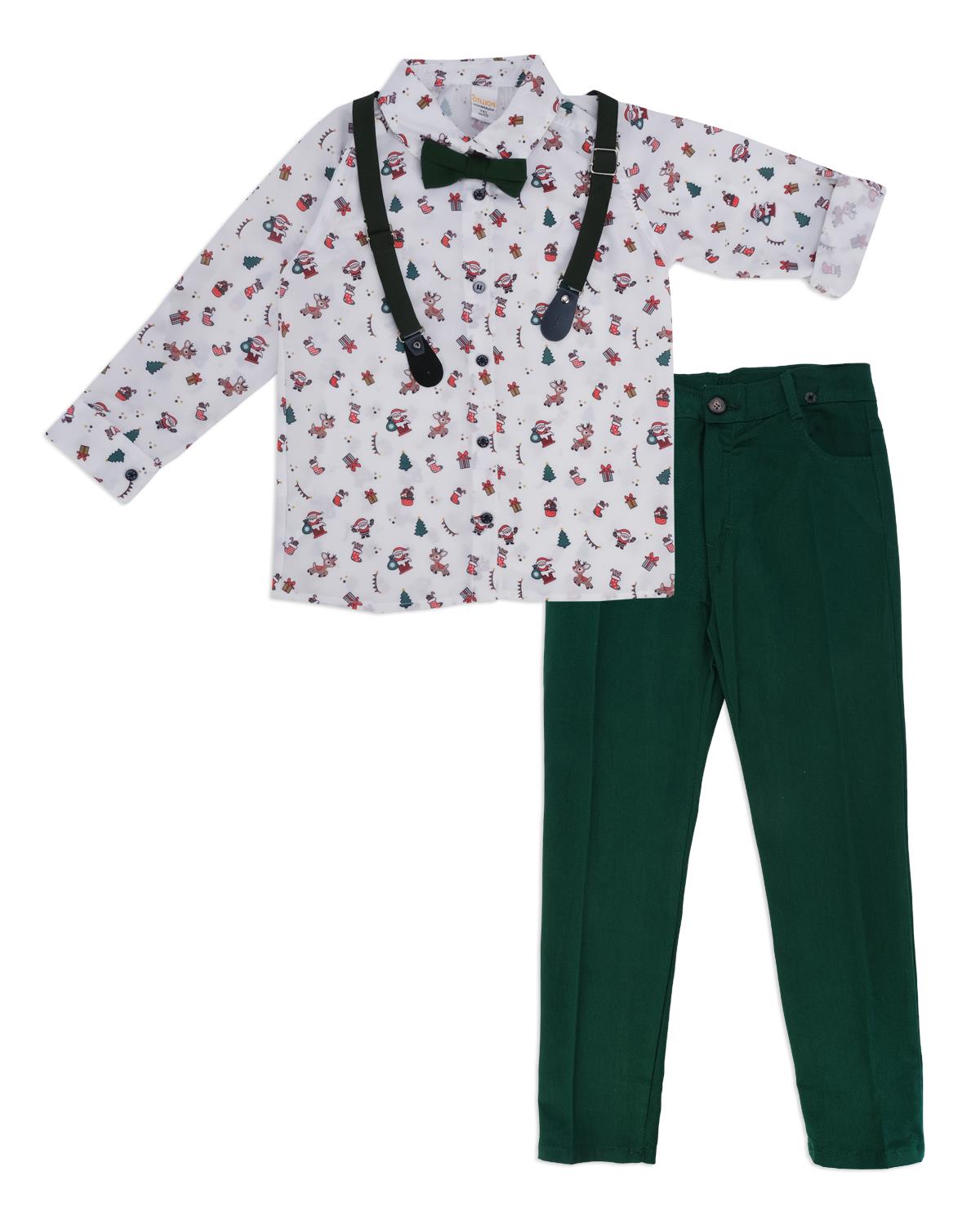 Erkek Çocuk Noel Baskılı Askılı Gömlek Papyonlu Pantolon 3'lü Takım