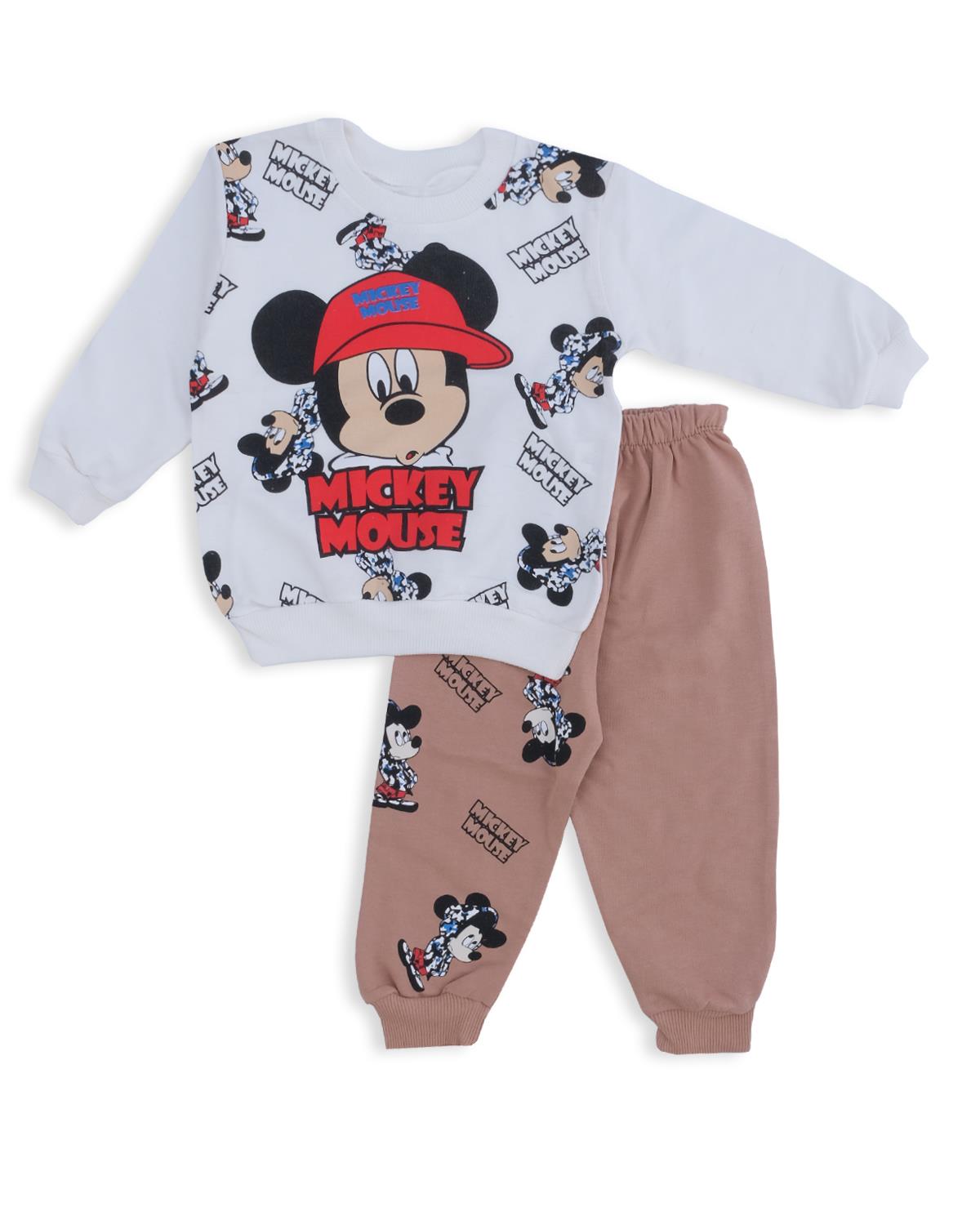 Erkek Bebek Mickey Mouse Baskılı Şapkalı Alt Üst 2'Li Takım