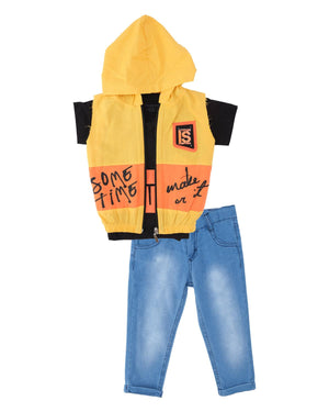 Erkek Çocuk Baskılı T-Shirt Yelekli Pantolon 3'lü Alt Üst Takım