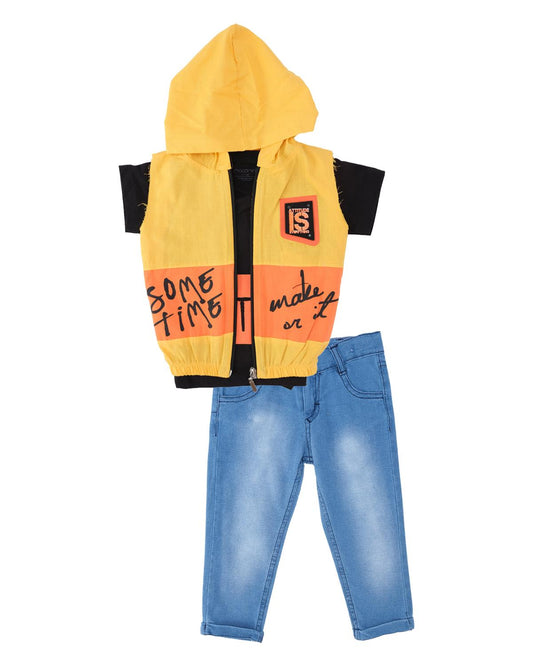 Erkek Çocuk Baskılı T-Shirt Yelekli Pantolon 3'lü Alt Üst Takım