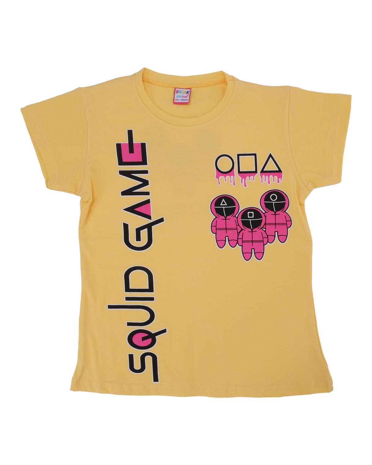 Kız Çocuk Squid Game Baskılı Penye Likralı Kısa Kol T-Shirt
