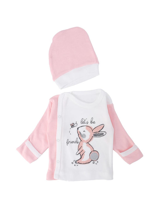 Unisex Bebek Tavşan Baskılı Çıtçıtlı Şapkalı Body Zıbın Badi Set