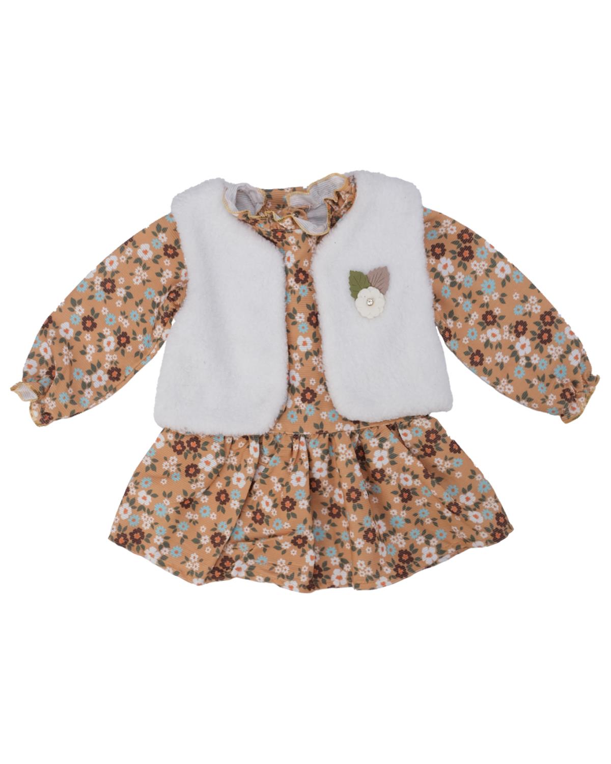 Kız Bebek Çiçek Baskılı Yelekli Fırfırlı Şönil Elbise