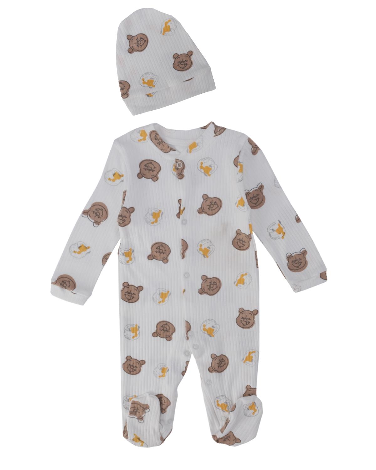 Unisex Bebek Winie The Pooh Baskılı Şapkalı Çıtçıtlı Patikli Tulum