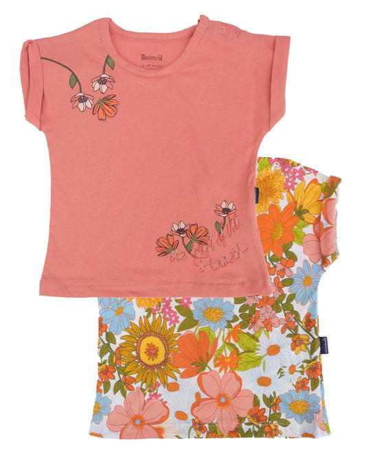 Çiçek Baskılı Bisiklet Yaka T-shirt 2'li Set