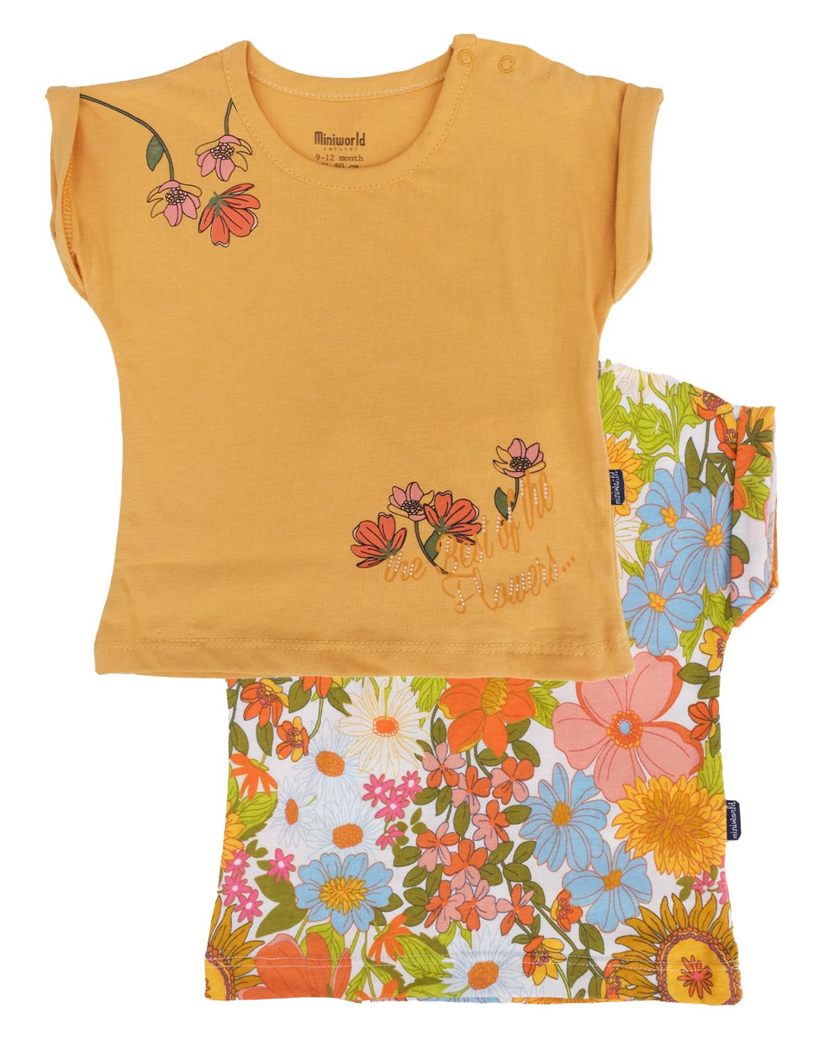 Çiçek Baskılı Bisiklet Yaka T-shirt 2'li Set