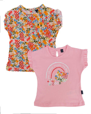 Renkli Çiçek Desenli Kolları Büzgülü T-shirt 2'li Set