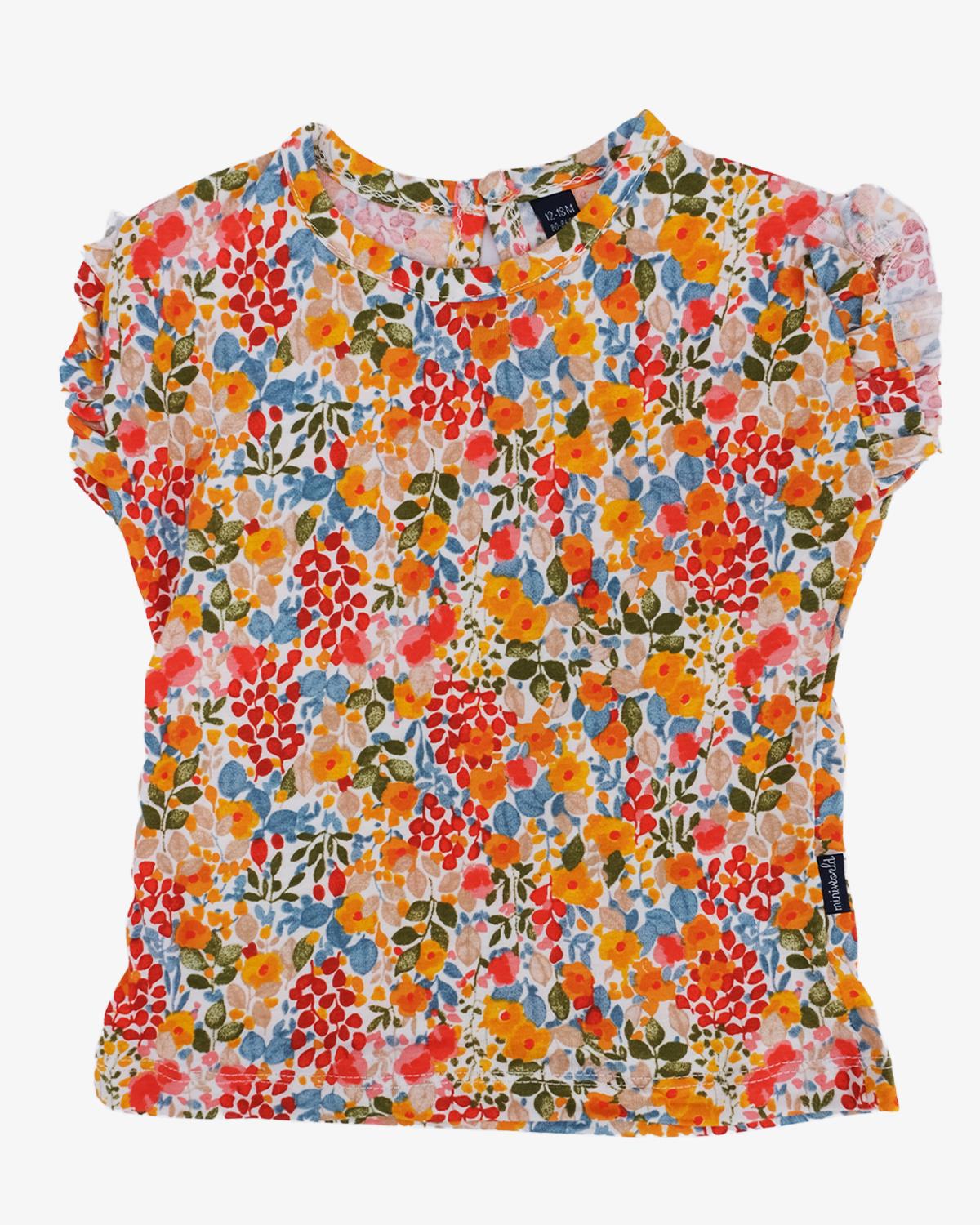 Renkli Çiçek Desenli Kolları Büzgülü T-shirt 2'li Set