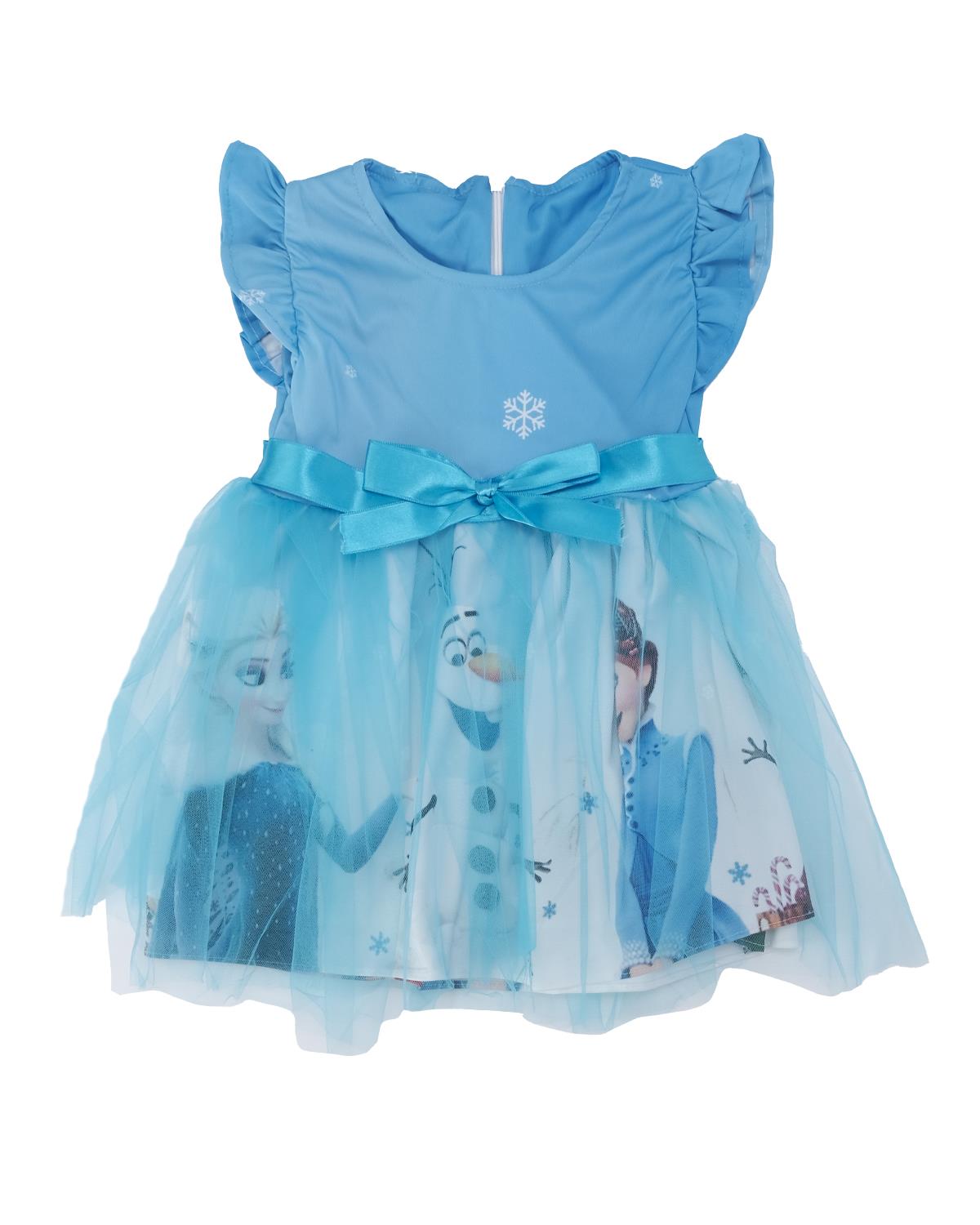 Kız Çocuk Elsa Baskılı Fırfır Kol Fiyonk Detay Tüllü Elbise
