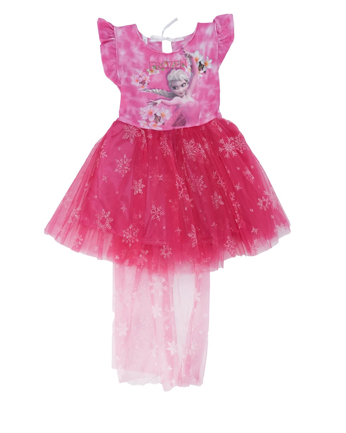 Kız Çocuk Frozen Baskılı Fırfır Kol Tütü Kuyruklu Tüllü Elbise