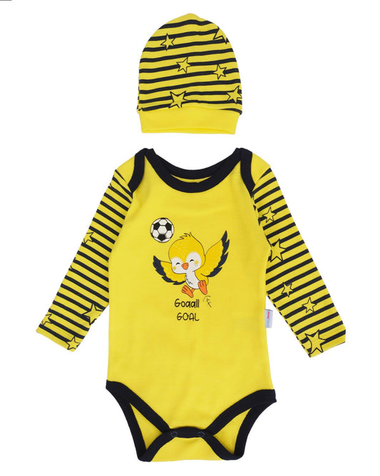 Erkek Bebek Fenerbahçe Kanarya Baskılı Zıbın Takımı Seti Badi 3'lü