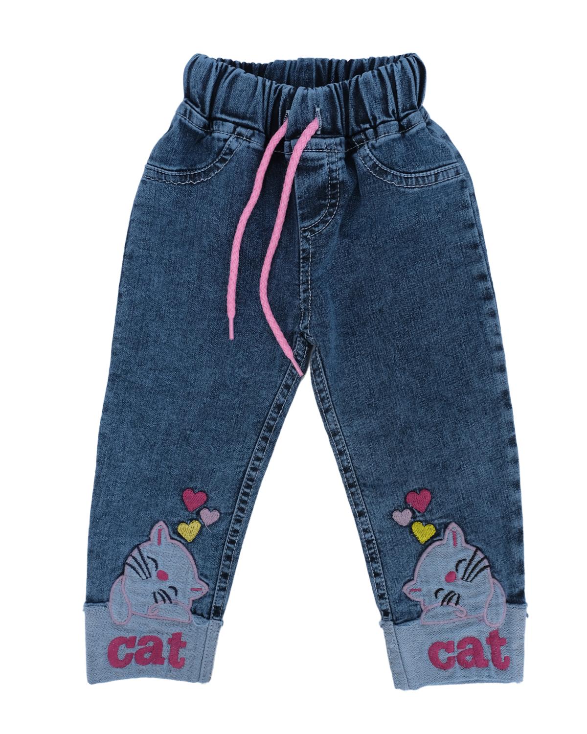 Paçası Kedi Nakışlı Beli Lastikli Kot Pantolon
