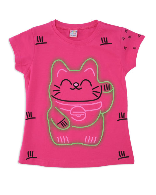 Kız Çocuk Sevimli Kedi Baskılı Penye Likralı T-Shirt