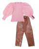 Kız Çocuk Balon Kollu Penye Deri Pantolon 2'Li Alt Üst Takım