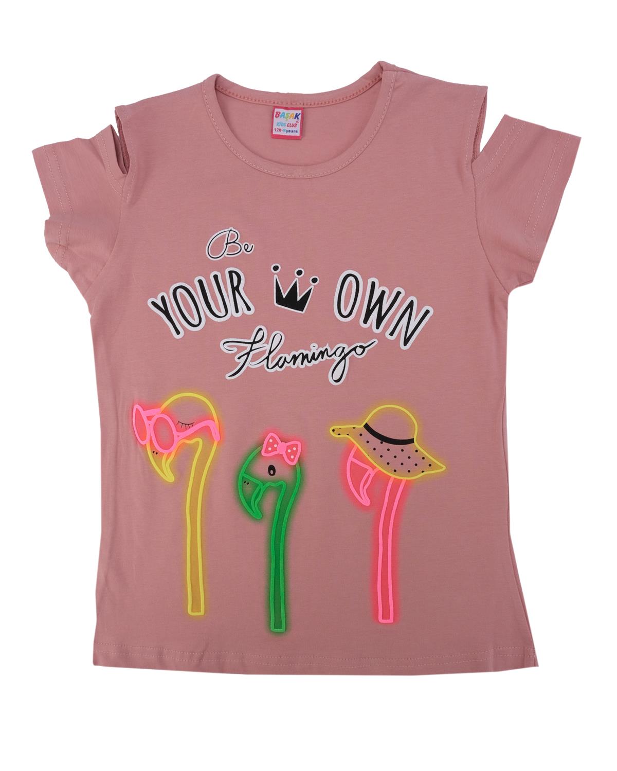 Kız Çocuk Bisiklet Yaka Omuz Yırtmacı Detaylı T-shirt