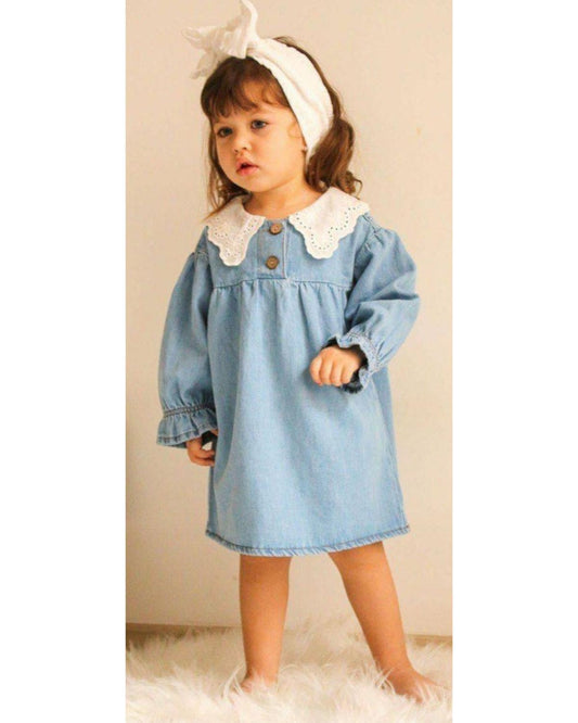 Kız Çocuk Brode Yakalı Dantelli Kot Elbise Uzun Kol Denim