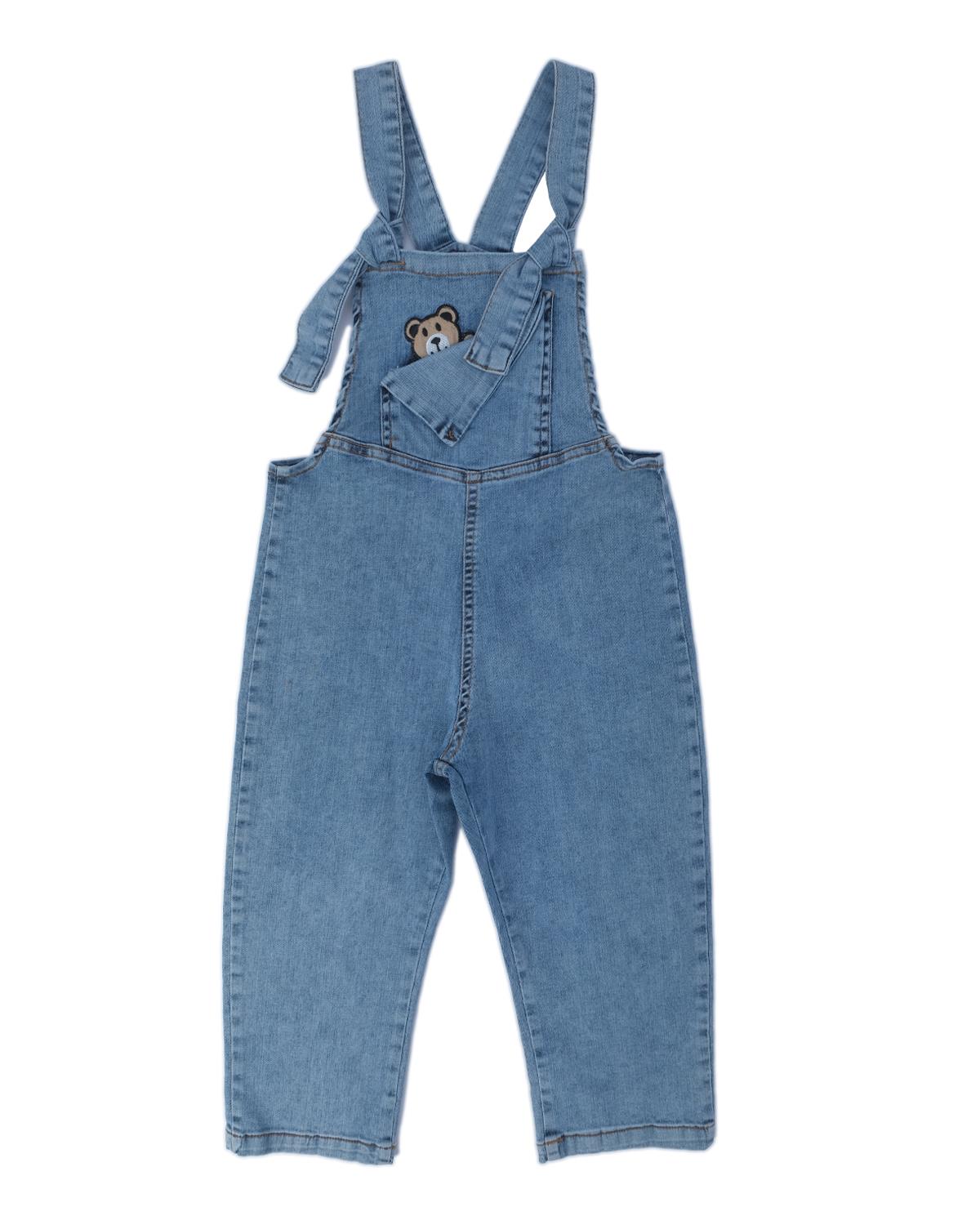 Unisex Çocuk Ayıcık Nakışlı Bağlama Detaylı Kot Salopet