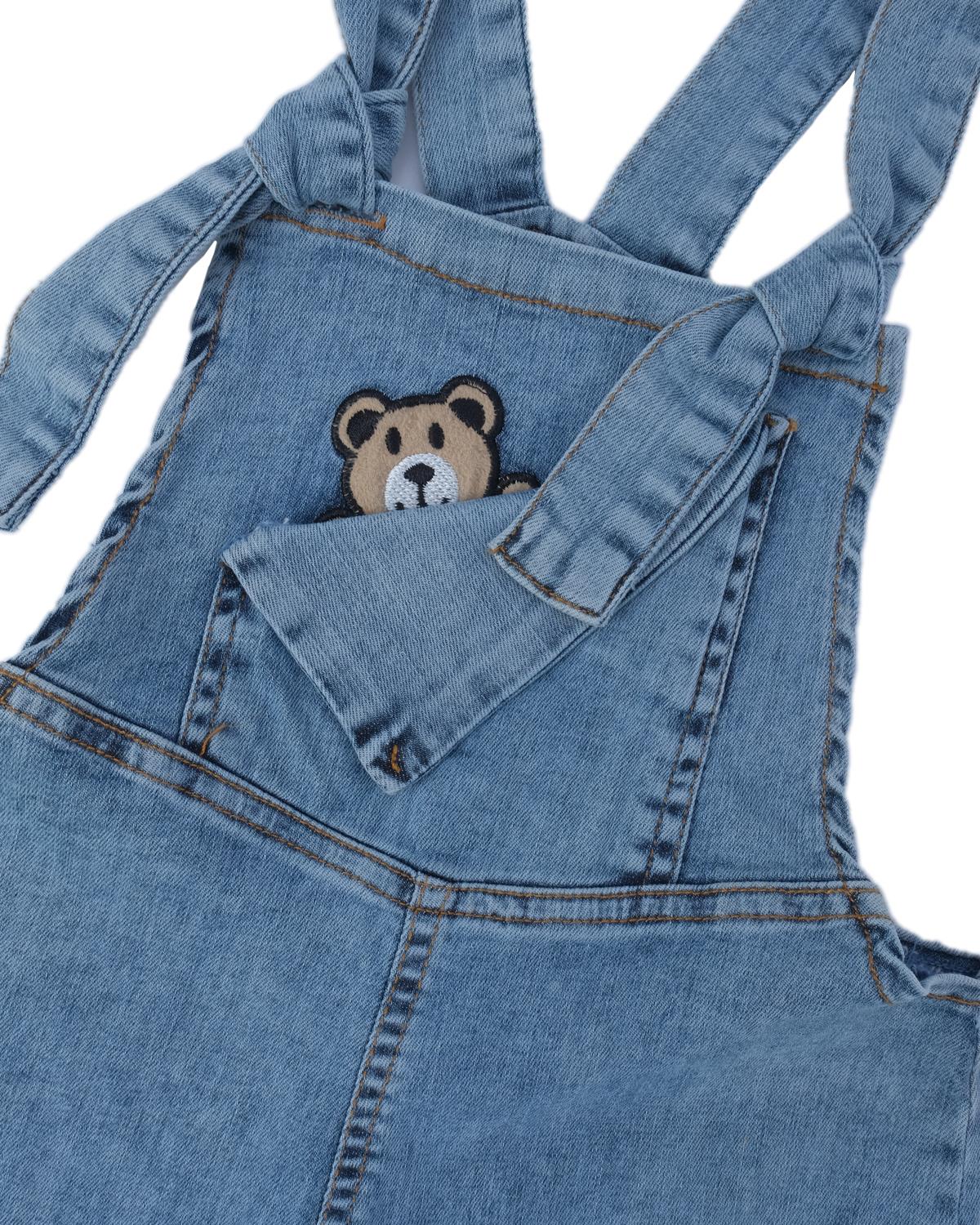 Unisex Çocuk Ayıcık Nakışlı Bağlama Detaylı Kot Salopet