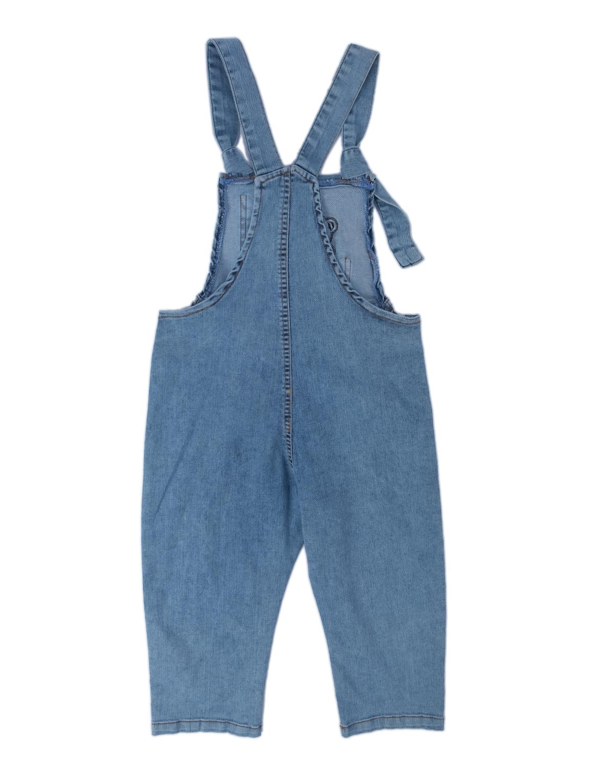 Unisex Çocuk Ayıcık Nakışlı Bağlama Detaylı Kot Salopet