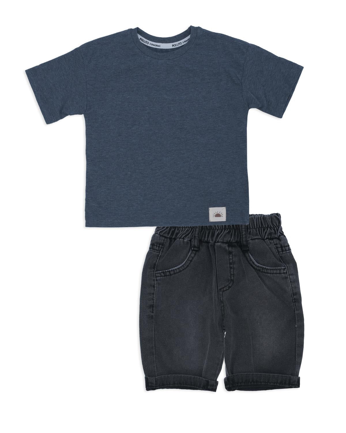 Erkek Çocuk T-Shirt Kısa Kol Kot Şortlu Cepli 2'Li Alt Üst Takım