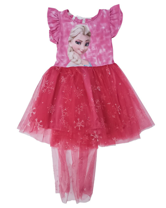 Kız Çocuk Elsa Baskılı Fırfır Kol Tütü Kuyruklu Tüllü Elbise