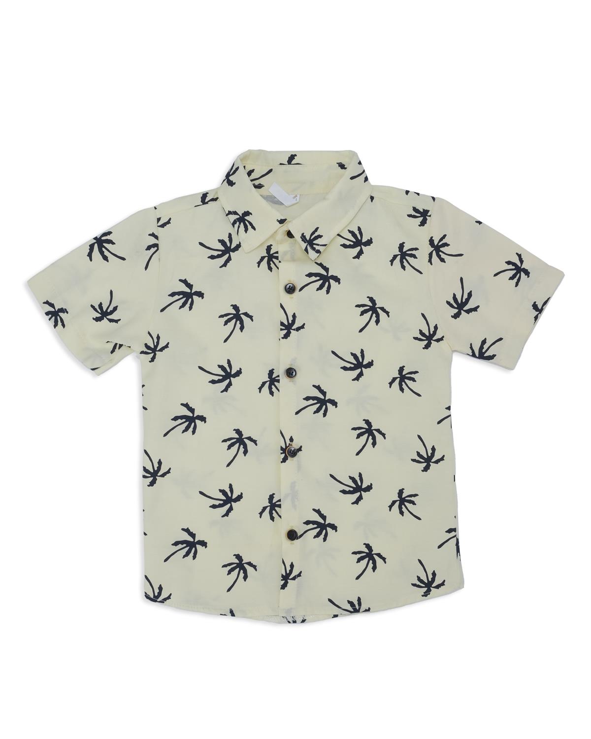 Erkek Çocuk Palmiye Baskılı Gömlek T-shirt Kot Şort 3'lü Takım