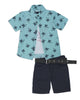 Erkek Çocuk Palmiye Baskılı Gömlek T-shirt Kot Şort 3'lü Takım
