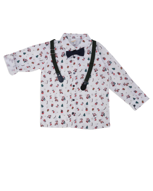 Erkek Çocuk Noel Baskılı Askılı Gömlek Papyonlu Pantolon 3'lü Takım