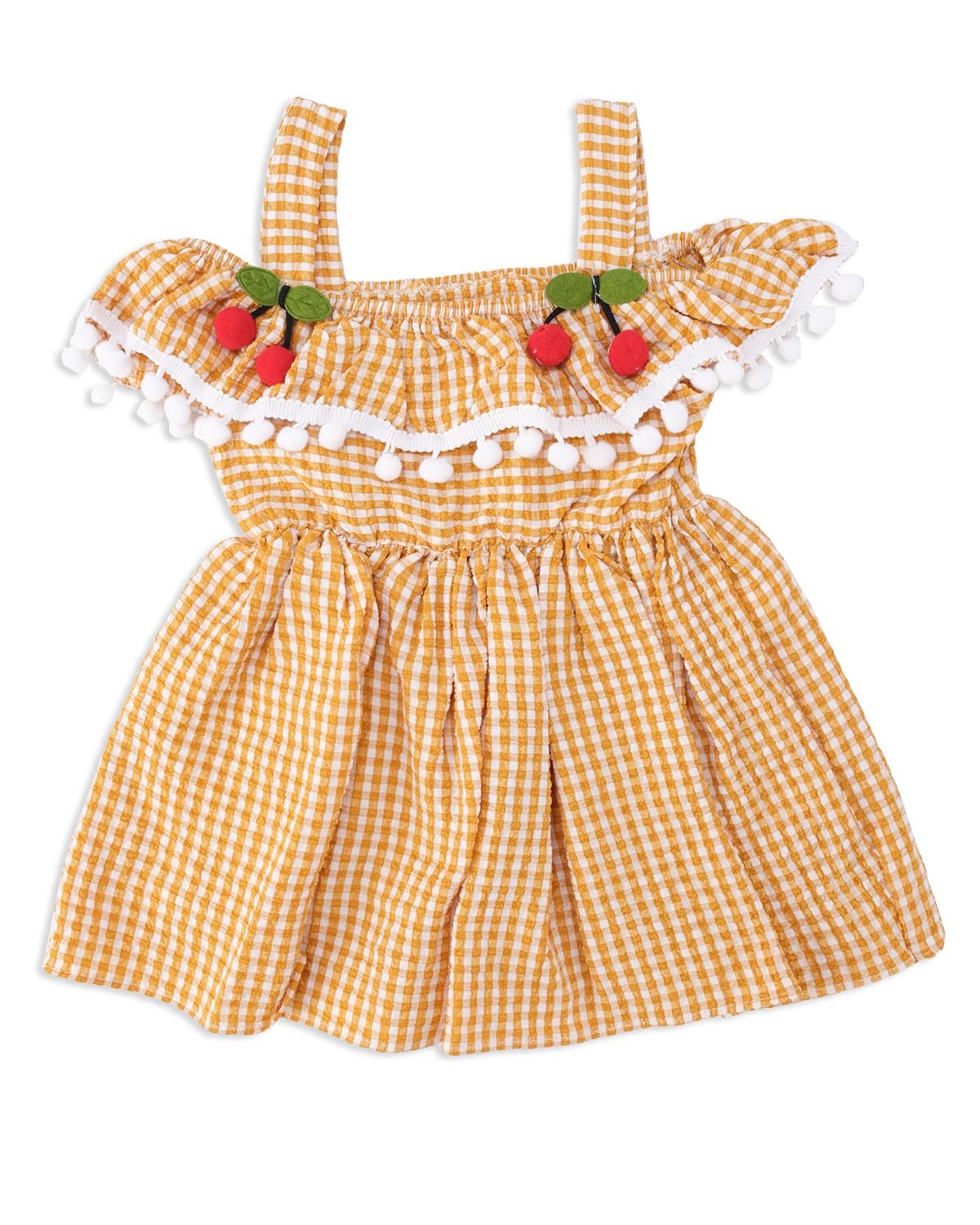 Kız Bebek Pitikareli Kirazlı Fırfır Detay Askılı Elbise
