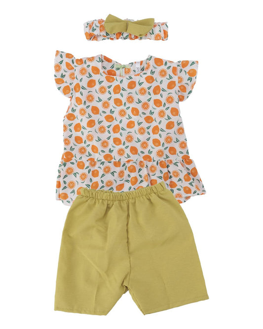 Kız Çocuk Meyve Desenli Bandanalı Şortlu Trikoton Elbise Takım