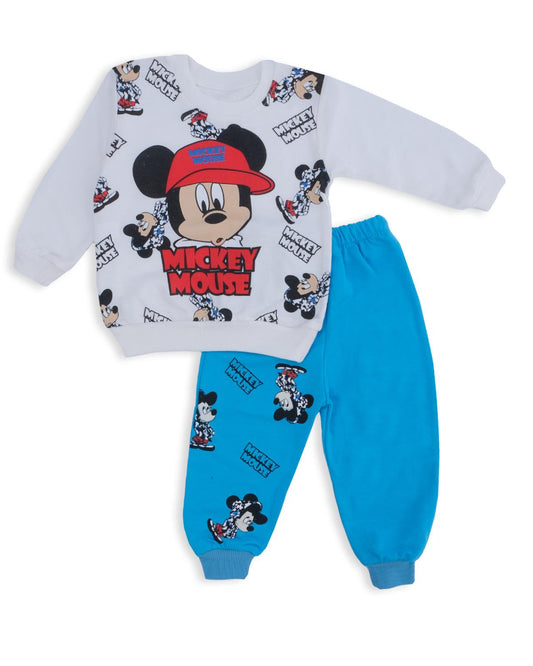 Erkek Bebek Mickey Mouse Baskılı Şapkalı Alt Üst 2'Li Takım