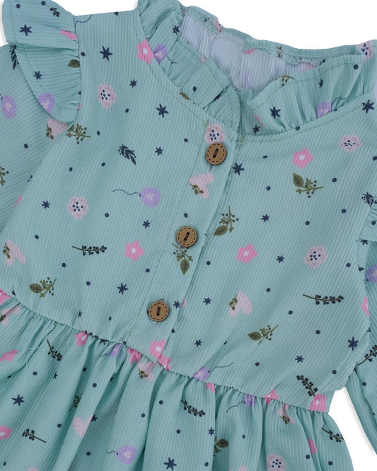 Kız Çocuk Bebek Çiçekli Şönil Elbise Fırfırlı Omuz Detay