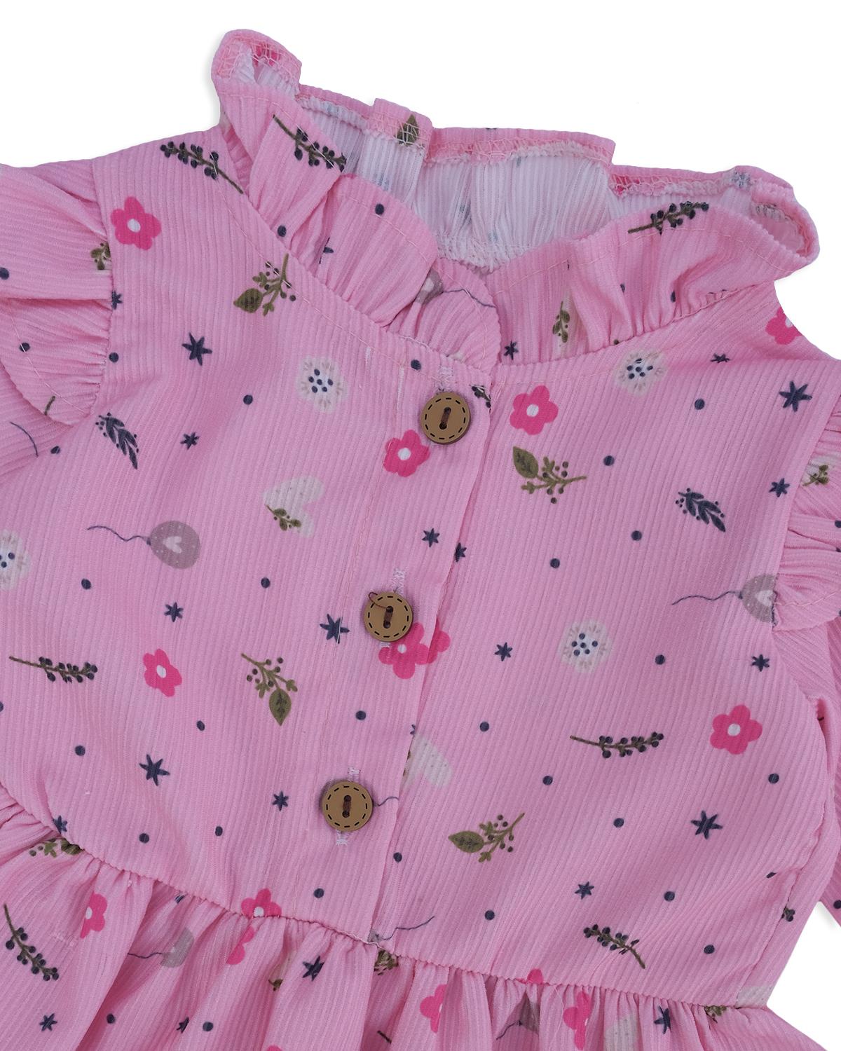 Kız Çocuk Bebek Çiçekli Şönil Elbise Fırfırlı Omuz Detay