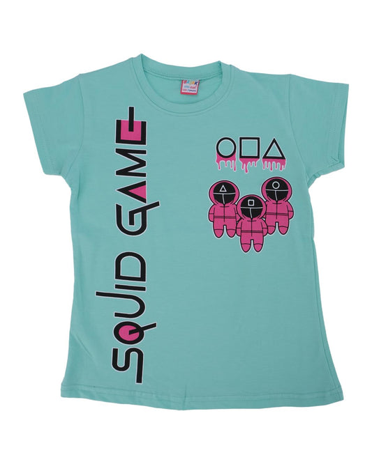 Kız Çocuk Squid Game Baskılı Penye Likralı Kısa Kol T-Shirt