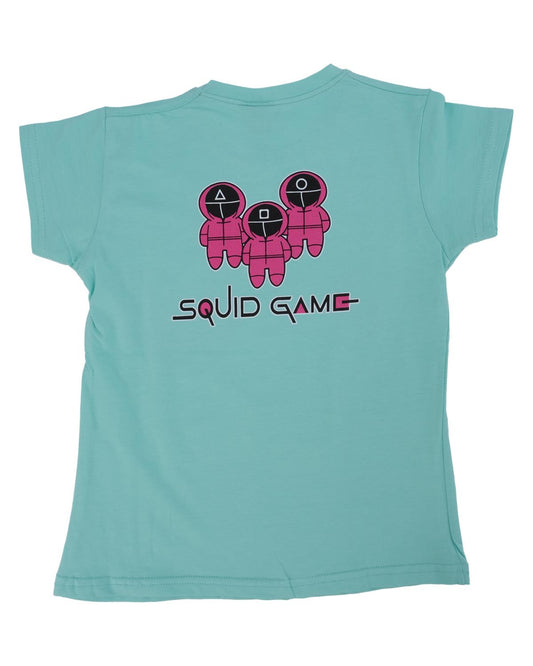 Kız Çocuk Squid Game Baskılı Penye Likralı Kısa Kol T-Shirt