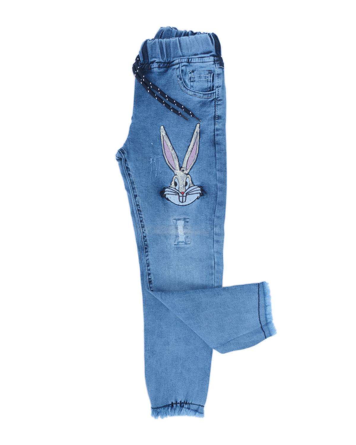 Kız Çocuk Likralı Tavşan Baskılı Pullu Denim Kot Pantolon Mavi