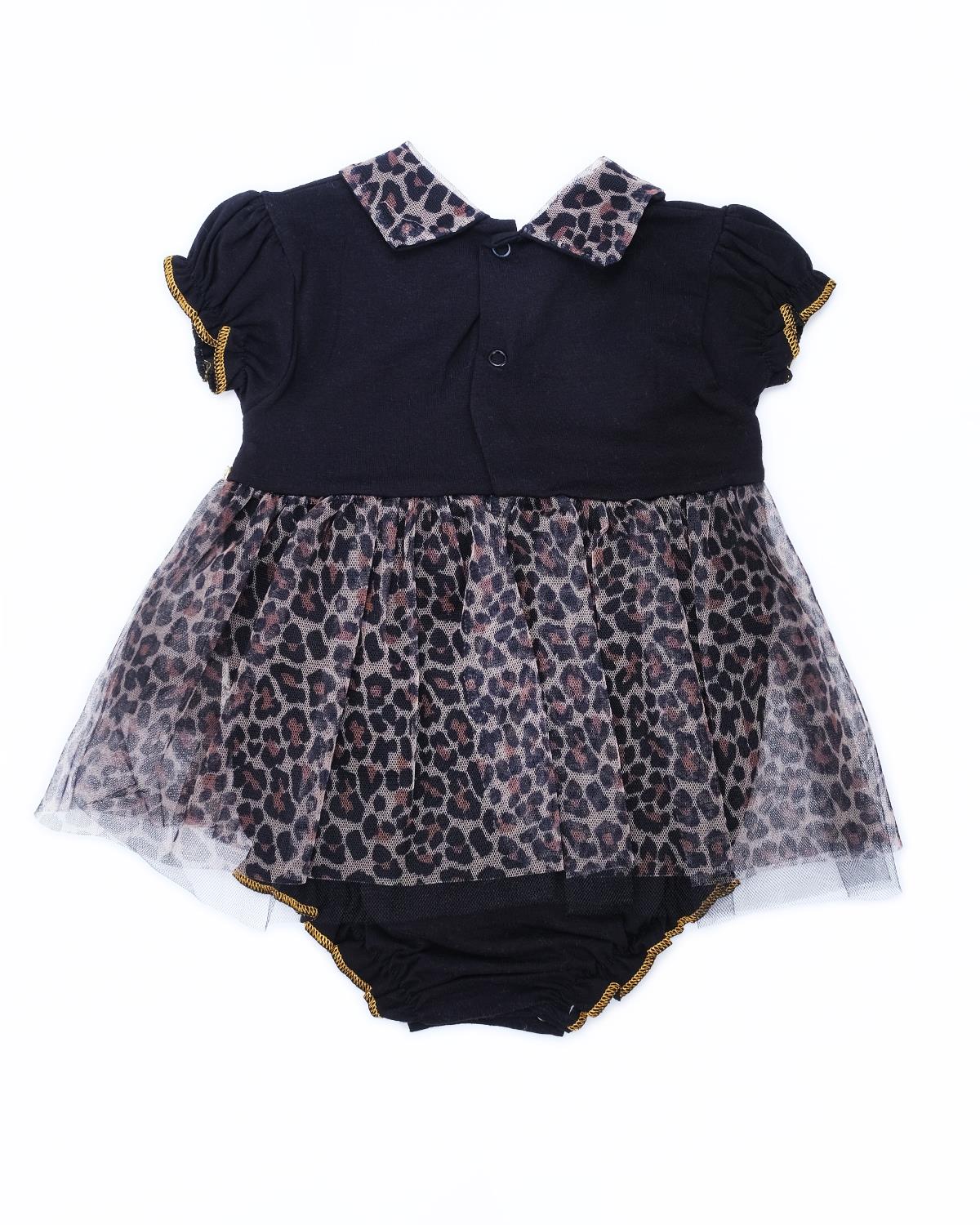 Kız Bebek Çocuk Leopar Desenli Puanlı Tüllü Çıtçıtlı Body Elbise