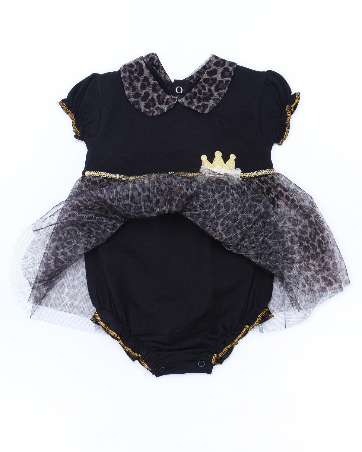 Kız Bebek Çocuk Leopar Desenli Puanlı Tüllü Çıtçıtlı Body Elbise