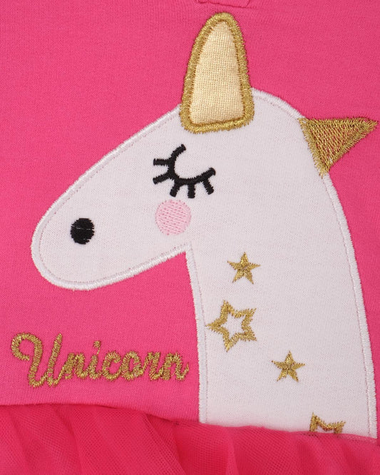 Kız Bebek Unicorn Baskılı Kapüşonlu Penye Tüllü Elbise
