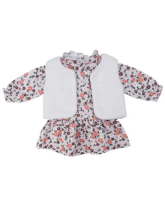 Kız Bebek Çiçek Baskılı Yelekli Fırfırlı Şönil Elbise
